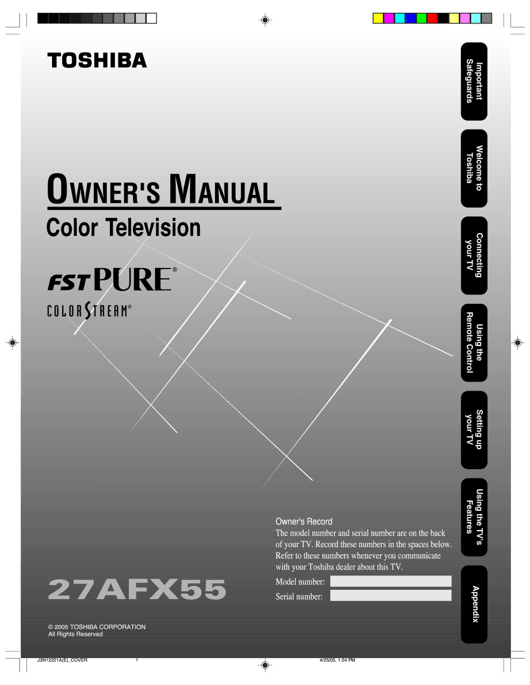 Toshiba 27AFX55 appendix Your TVSetting up, Appendix 