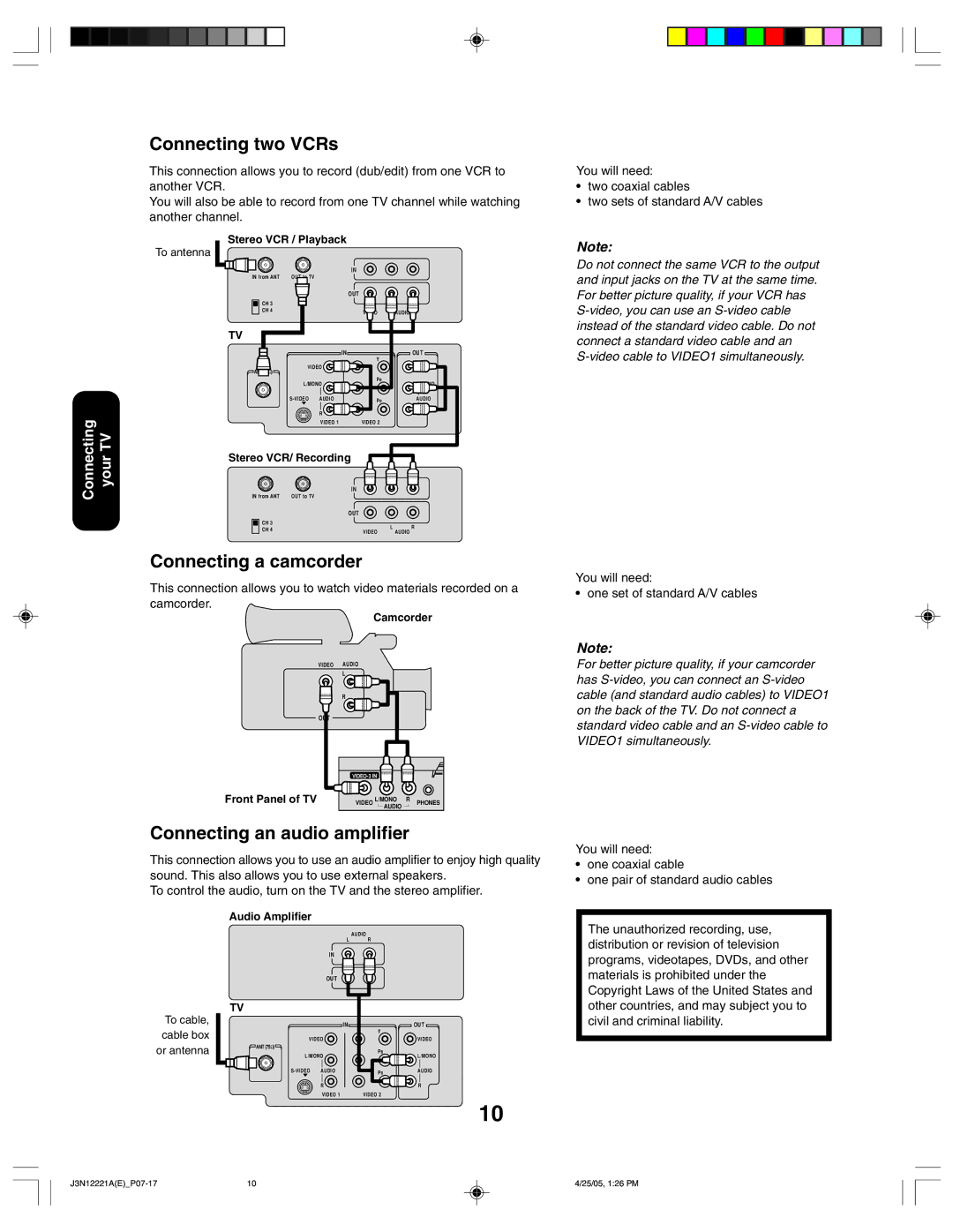 Toshiba 27AFX55 appendix Connecting two VCRs, Connecting a camcorder, Connecting an audio amplifier, One coaxial cable 