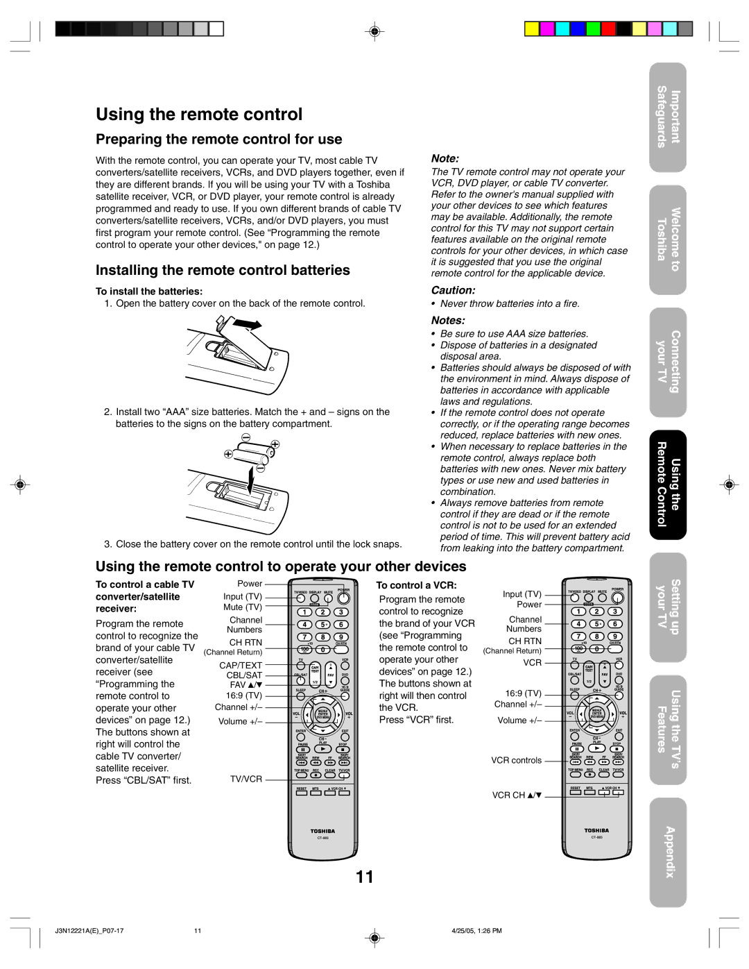 Toshiba 27AFX55 Using the remote control, Preparing the remote control for use, Installing the remote control batteries 