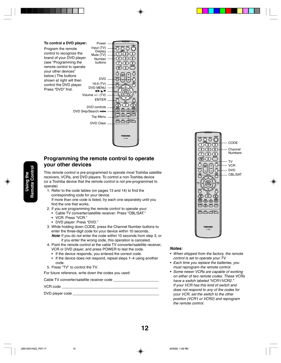 Toshiba 27AFX55 appendix To control a DVD player 