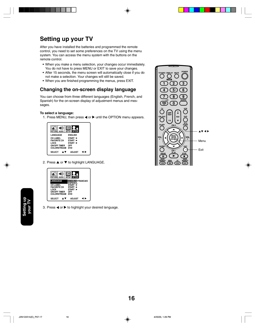 Toshiba 27AFX55 appendix Setting up your TV, Changing the on-screen display language, To select a language, Press 