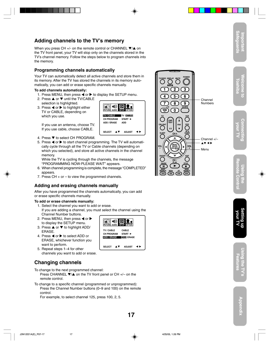 Toshiba 27AFX55 appendix Adding channels to the TV’s memory, Changing channels, Programming channels automatically 