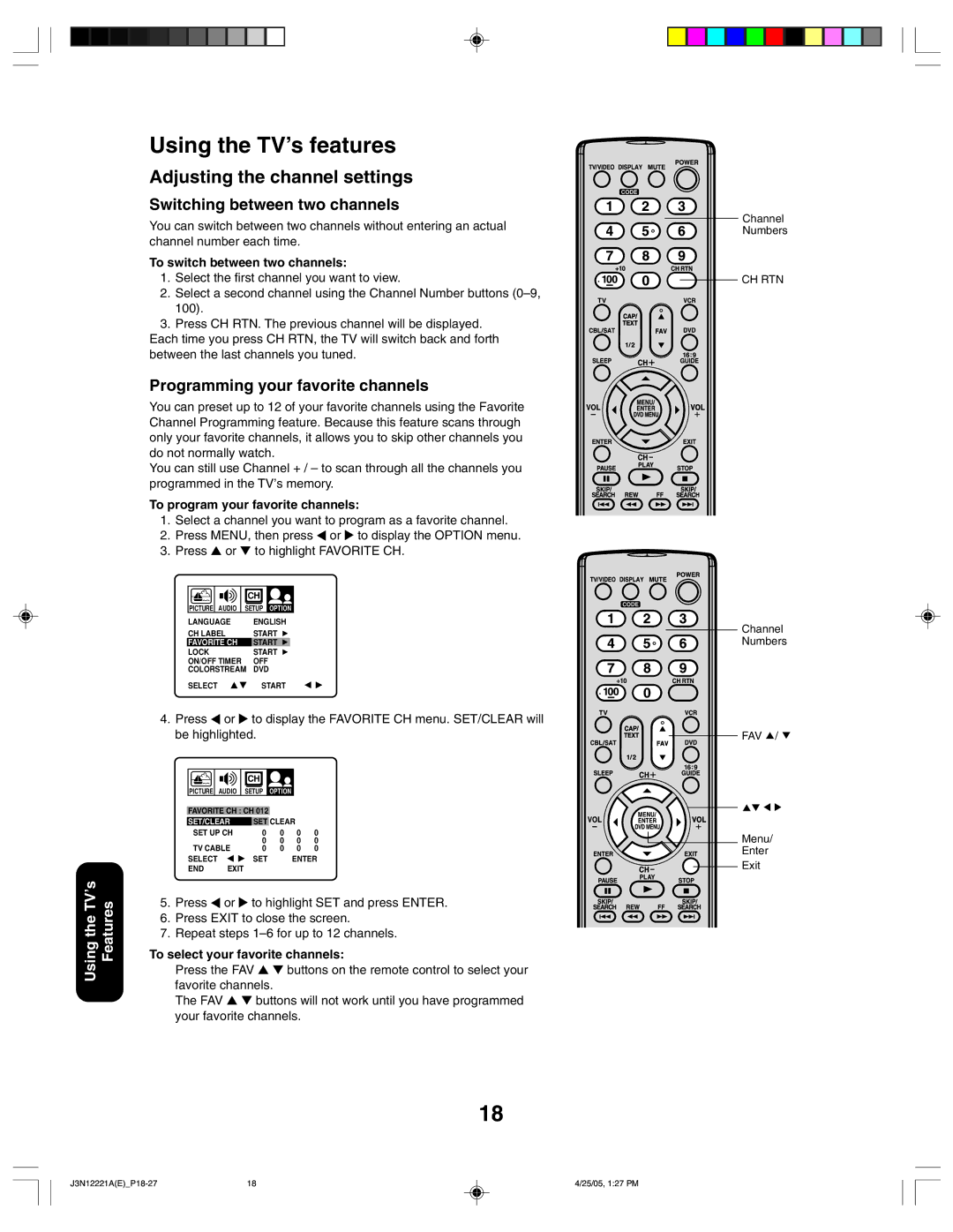 Toshiba 27AFX55 appendix Using the TV’s features, Adjusting the channel settings, Switching between two channels 