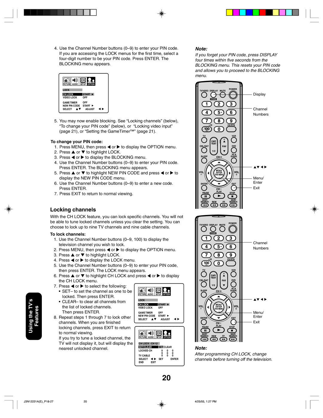 Toshiba 27AFX55 appendix Locking channels, Using the TV’s Features 