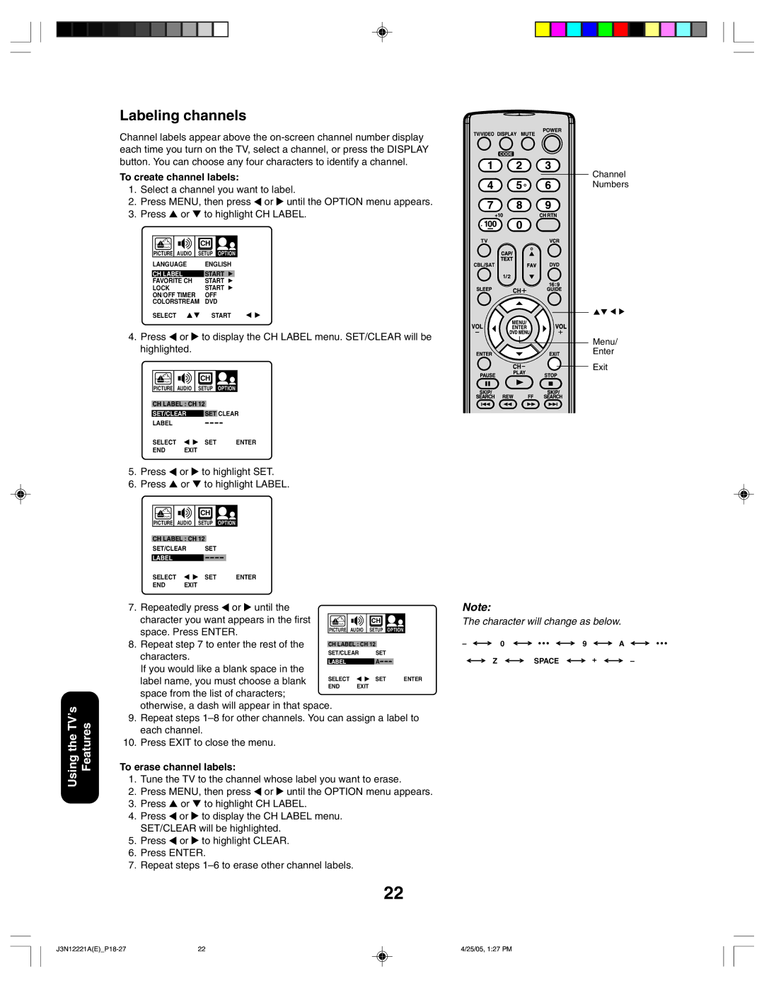 Toshiba 27AFX55 appendix Labeling channels 