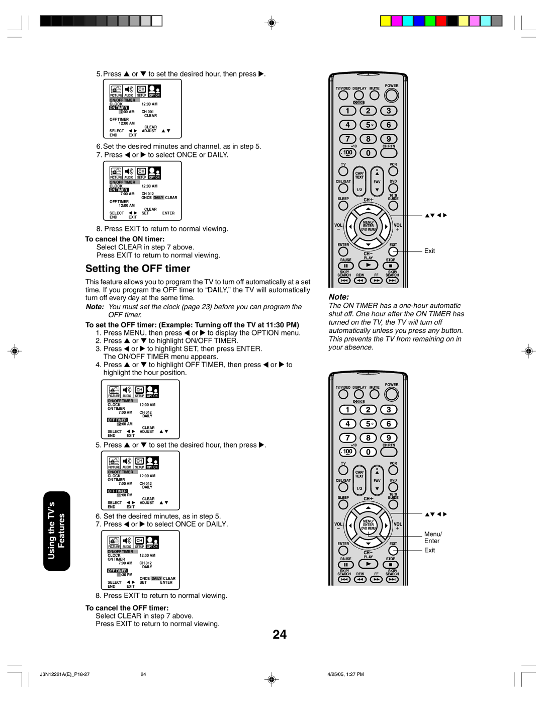 Toshiba 27AFX55 appendix Setting the OFF timer, Press or to set the desired hour, then press, To cancel the on timer 