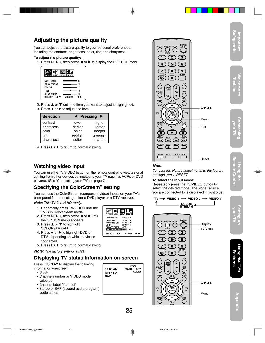 Toshiba 27AFX55 Watching video input, Specifying the ColorStream setting, Displaying TV status information on-screen 