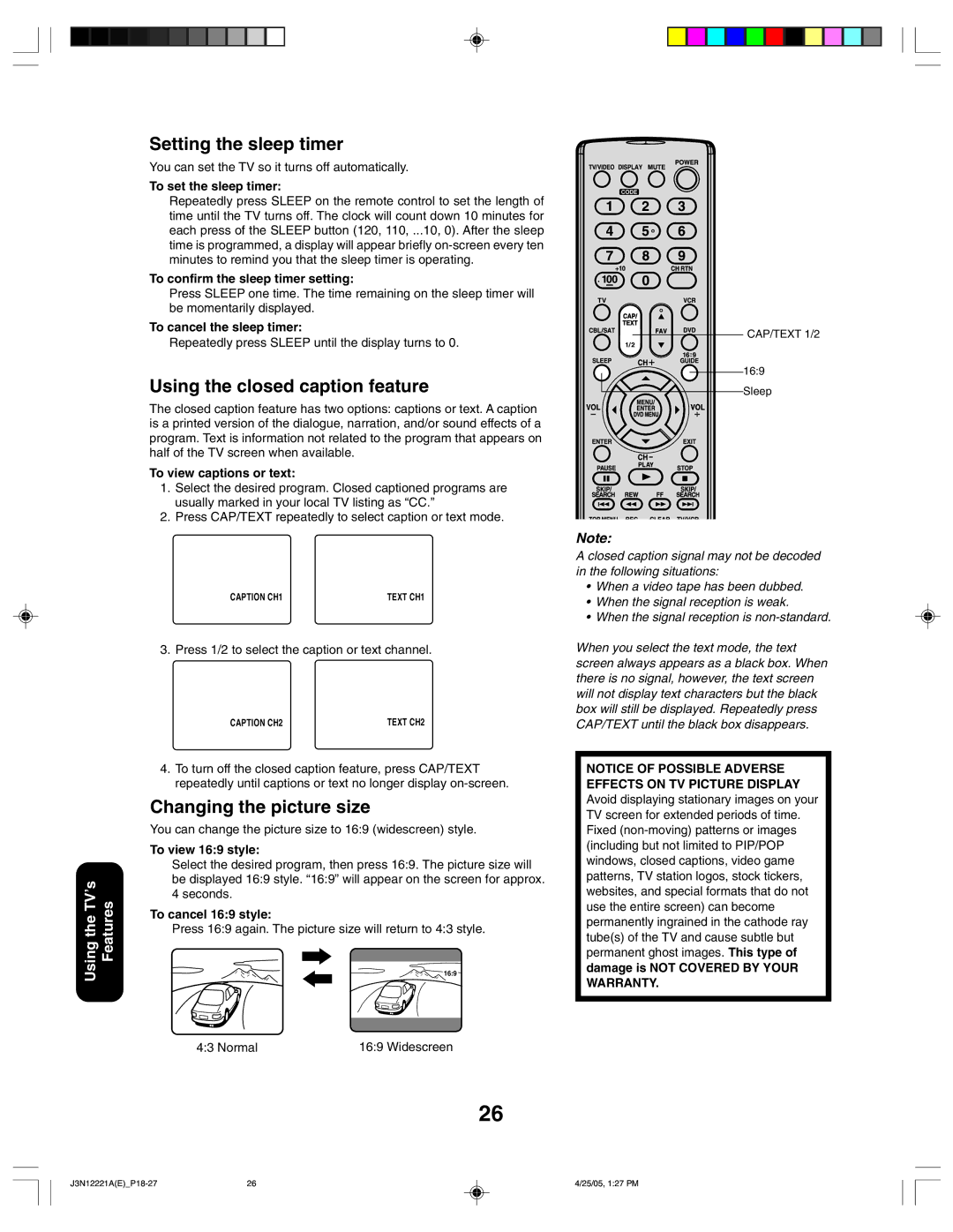 Toshiba 27AFX55 appendix Setting the sleep timer, Using the closed caption feature, Changing the picture size 