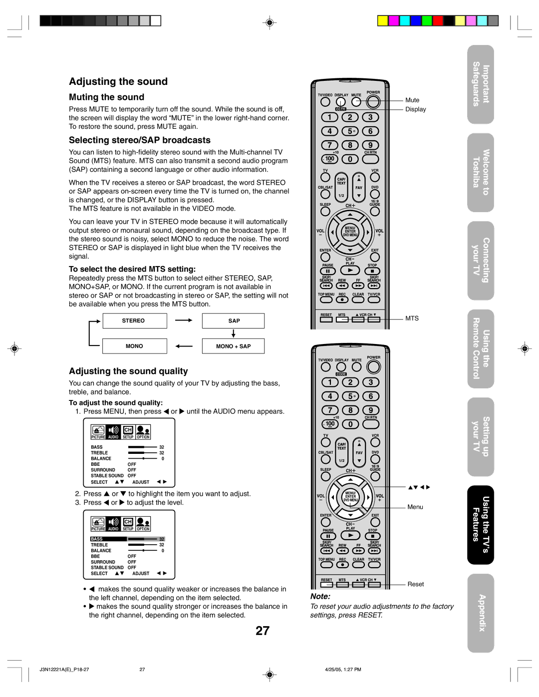 Toshiba 27AFX55 appendix Muting the sound, Selecting stereo/SAP broadcasts, Adjusting the sound quality 