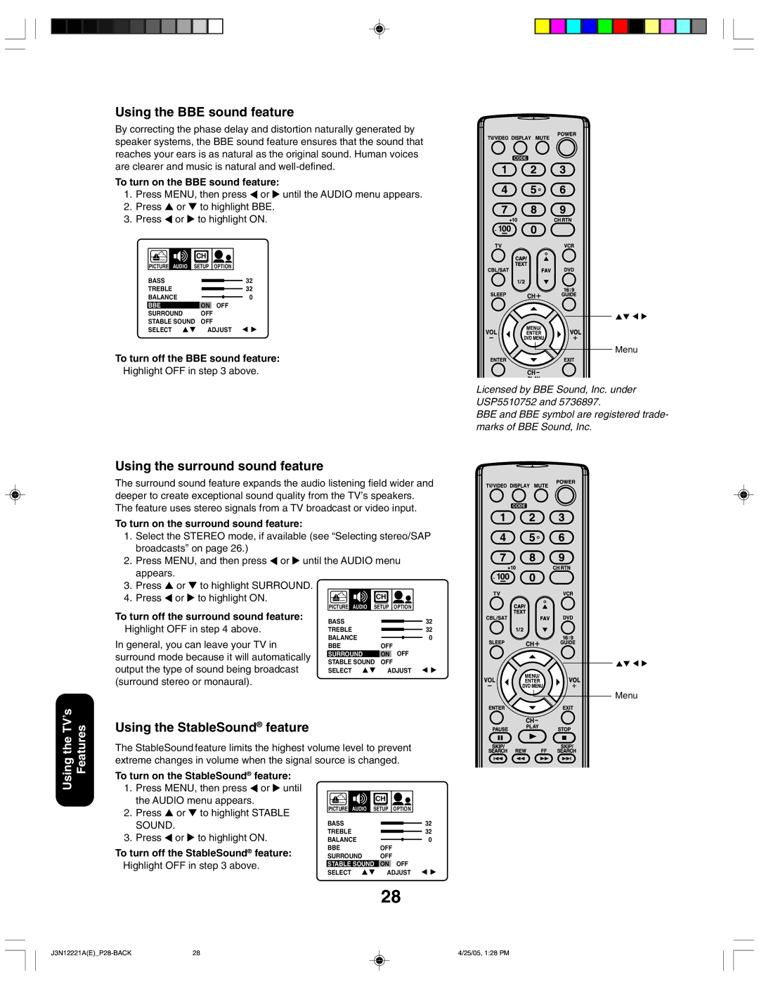 Toshiba 27AFX55 appendix Using the BBE sound feature, Using the surround sound feature, Using the StableSound feature 