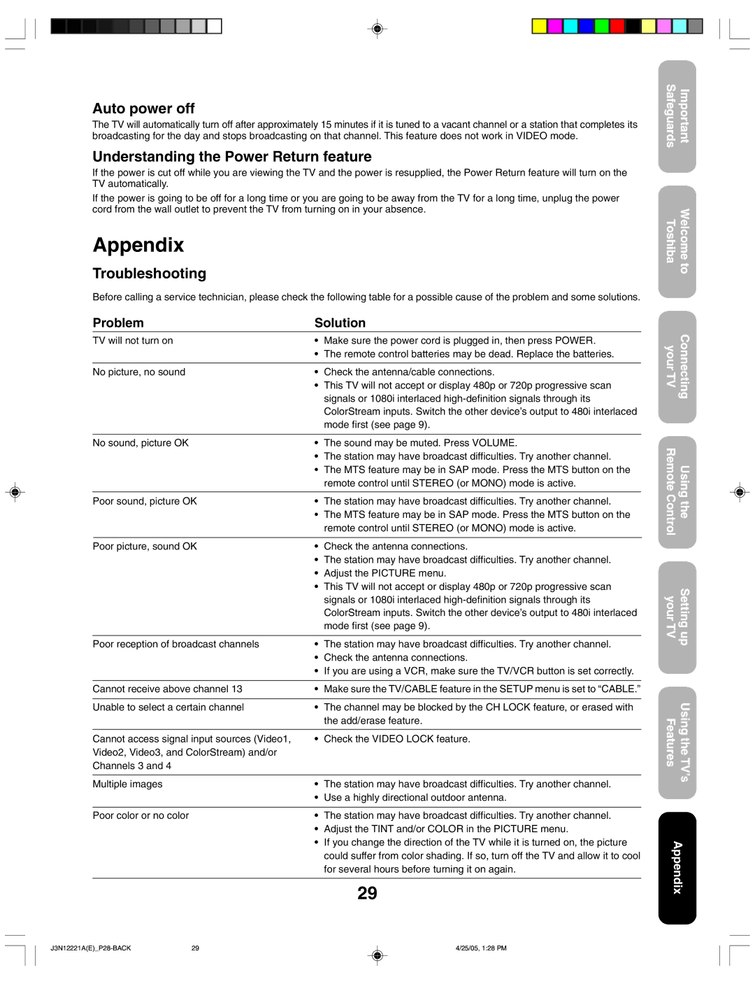 Toshiba 27AFX55 appendix Auto power off, Understanding the Power Return feature, Troubleshooting, Problem Solution 