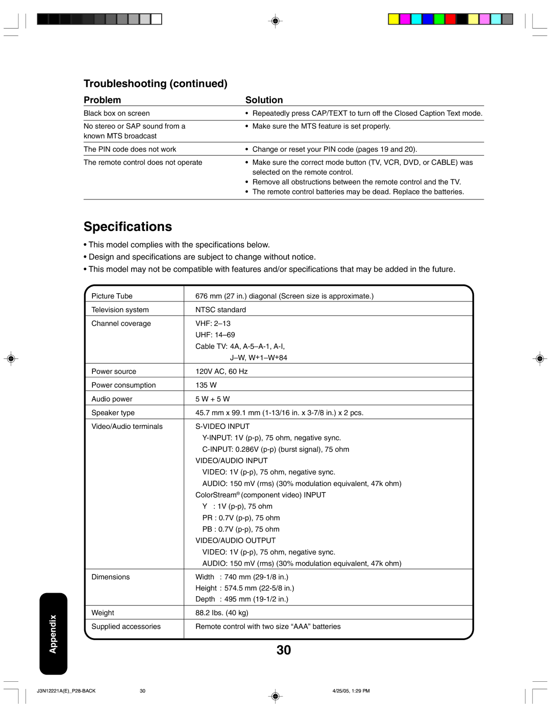 Toshiba 27AFX55 appendix Specifications 