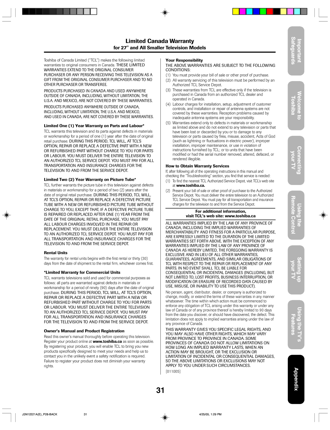 Toshiba 27AFX55 appendix Limited Canada Warranty 