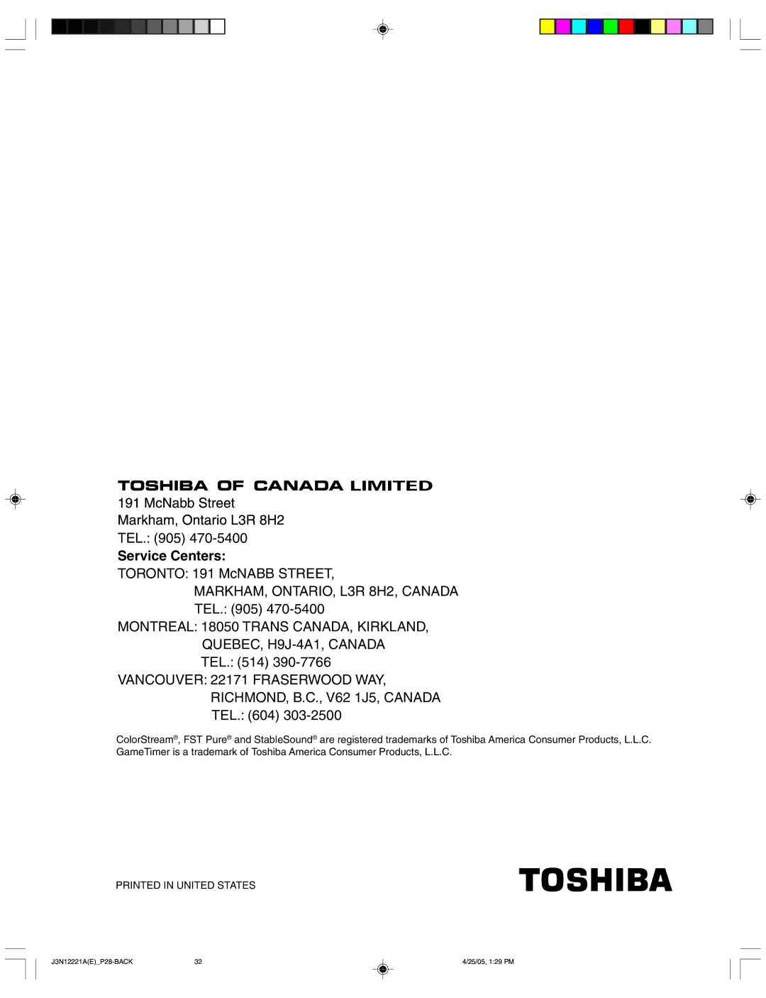 Toshiba 27AFX55 appendix Service Centers 