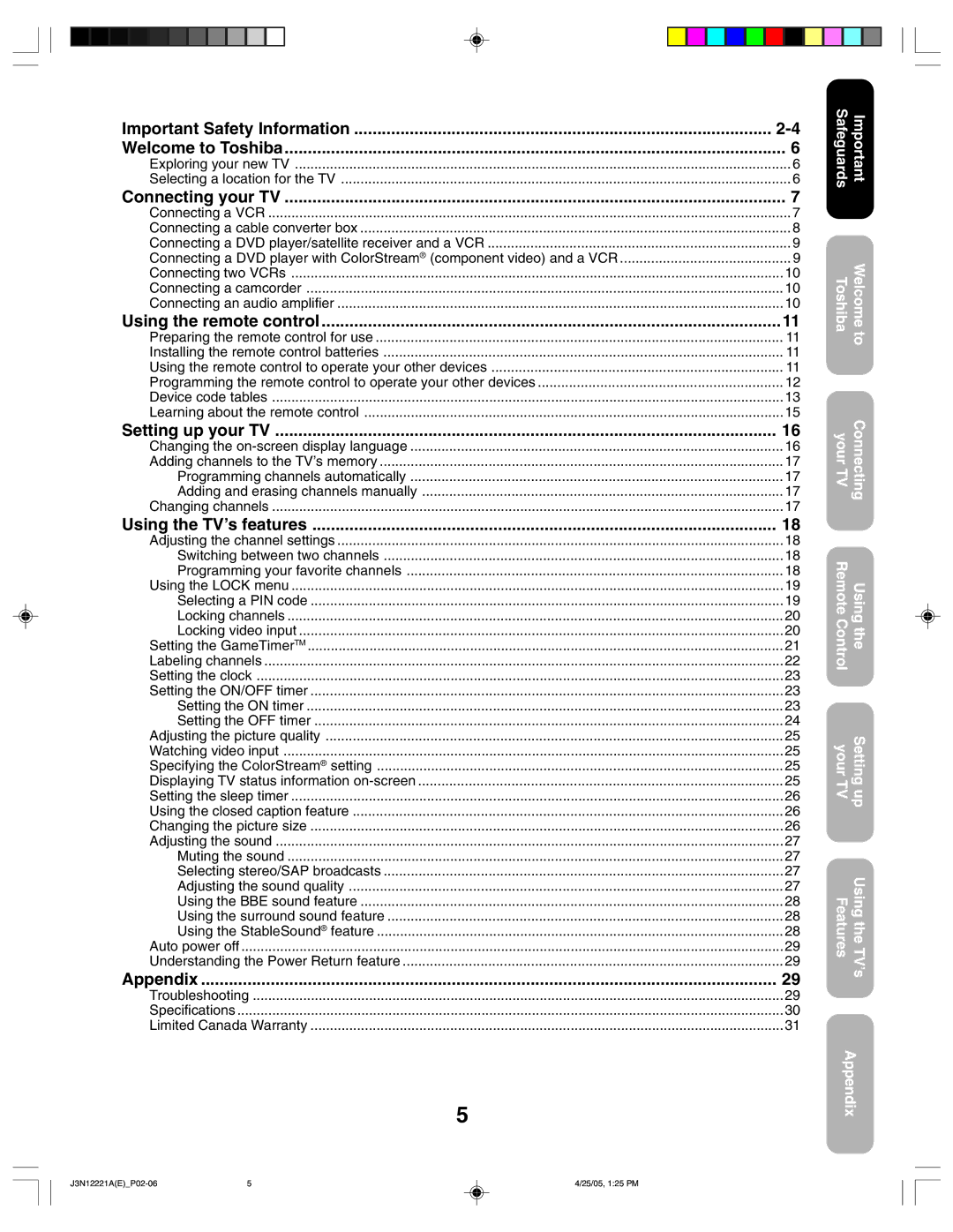 Toshiba 27AFX55 appendix Exploring your new TV Selecting a location for the TV 