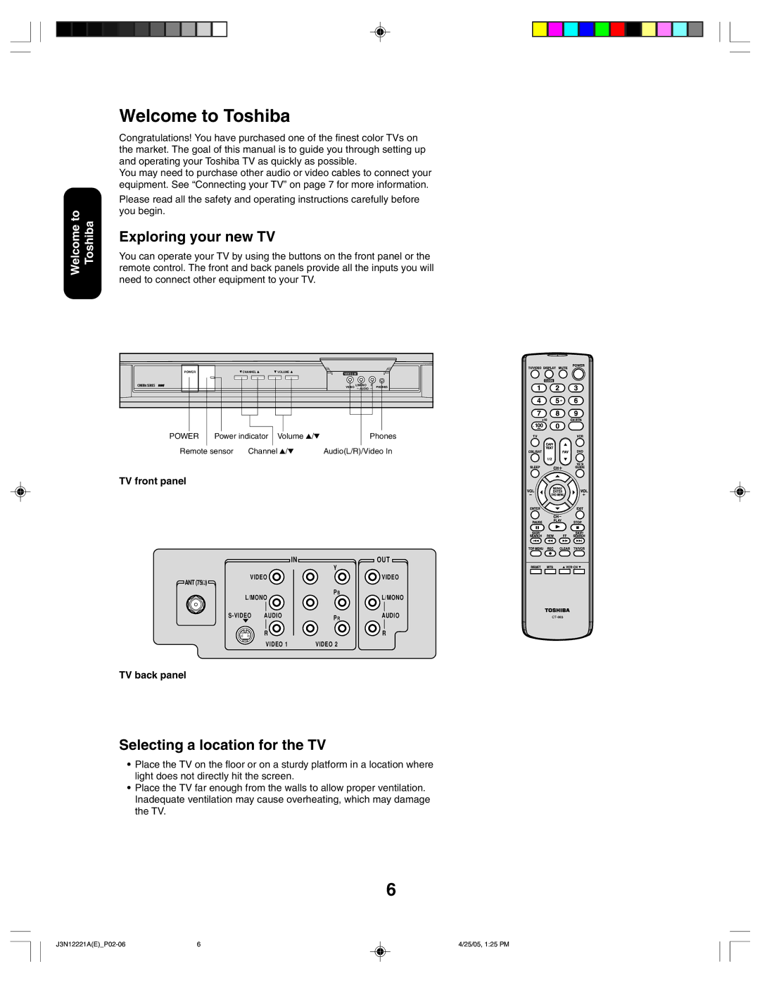 Toshiba 27AFX55 Welcome to Toshiba, Exploring your new TV, Selecting a location for the TV, TV front panel, TV back panel 