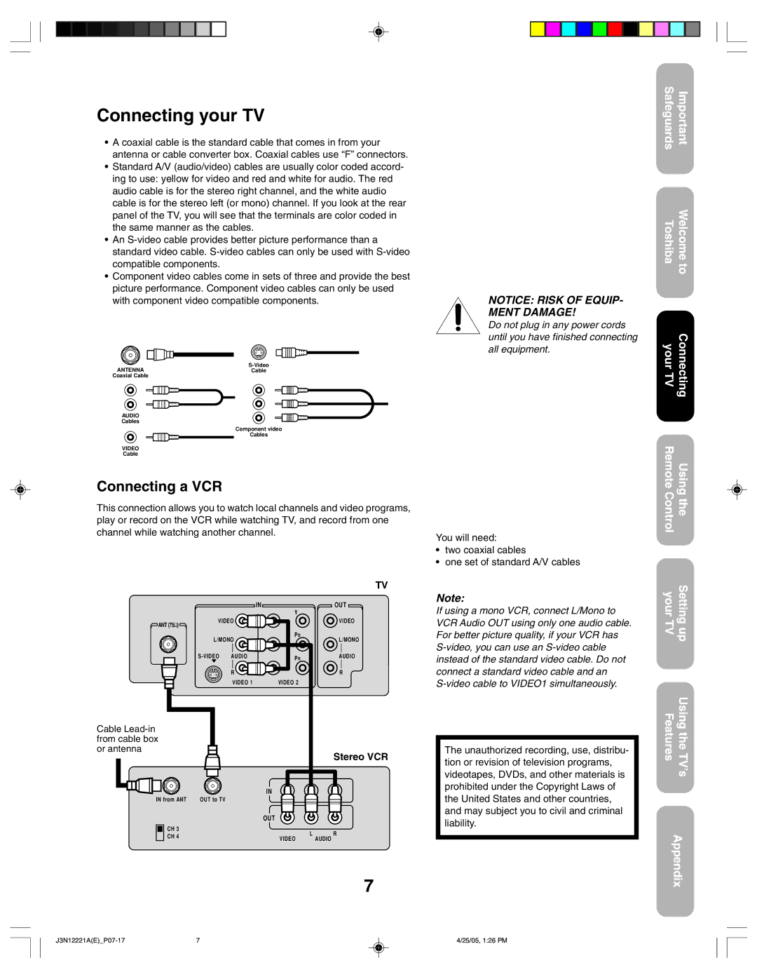 Toshiba 27AFX55 appendix Connecting your TV, Connecting a VCR, Safeguards Toshiba Your TV Welcome to Connecting 