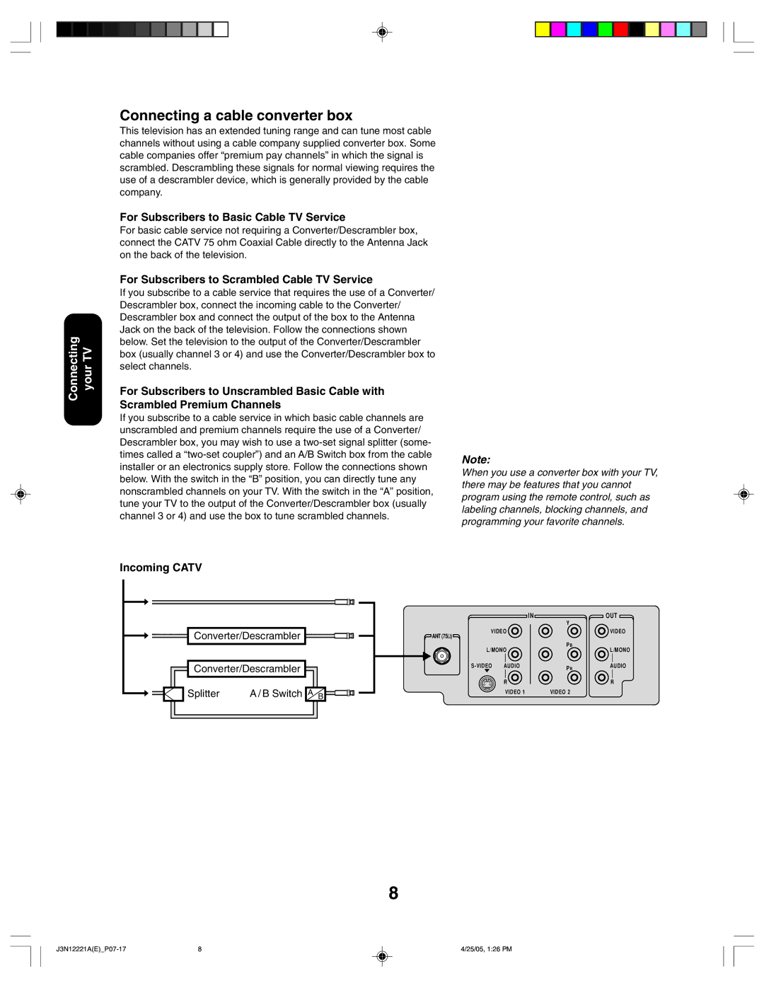 Toshiba 27AFX55 appendix Connecting a cable converter box, Converter/Descrambler Splitter Switch a B 