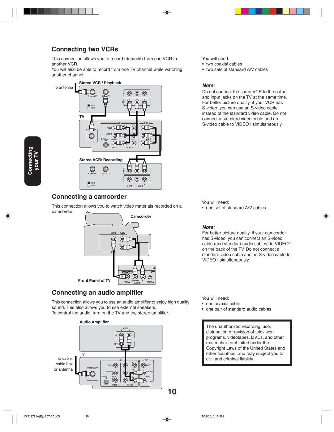 Toshiba 27AFX56 appendix Connecting two VCRs, Connecting a camcorder, Connecting an audio amplifier, One coaxial cable 