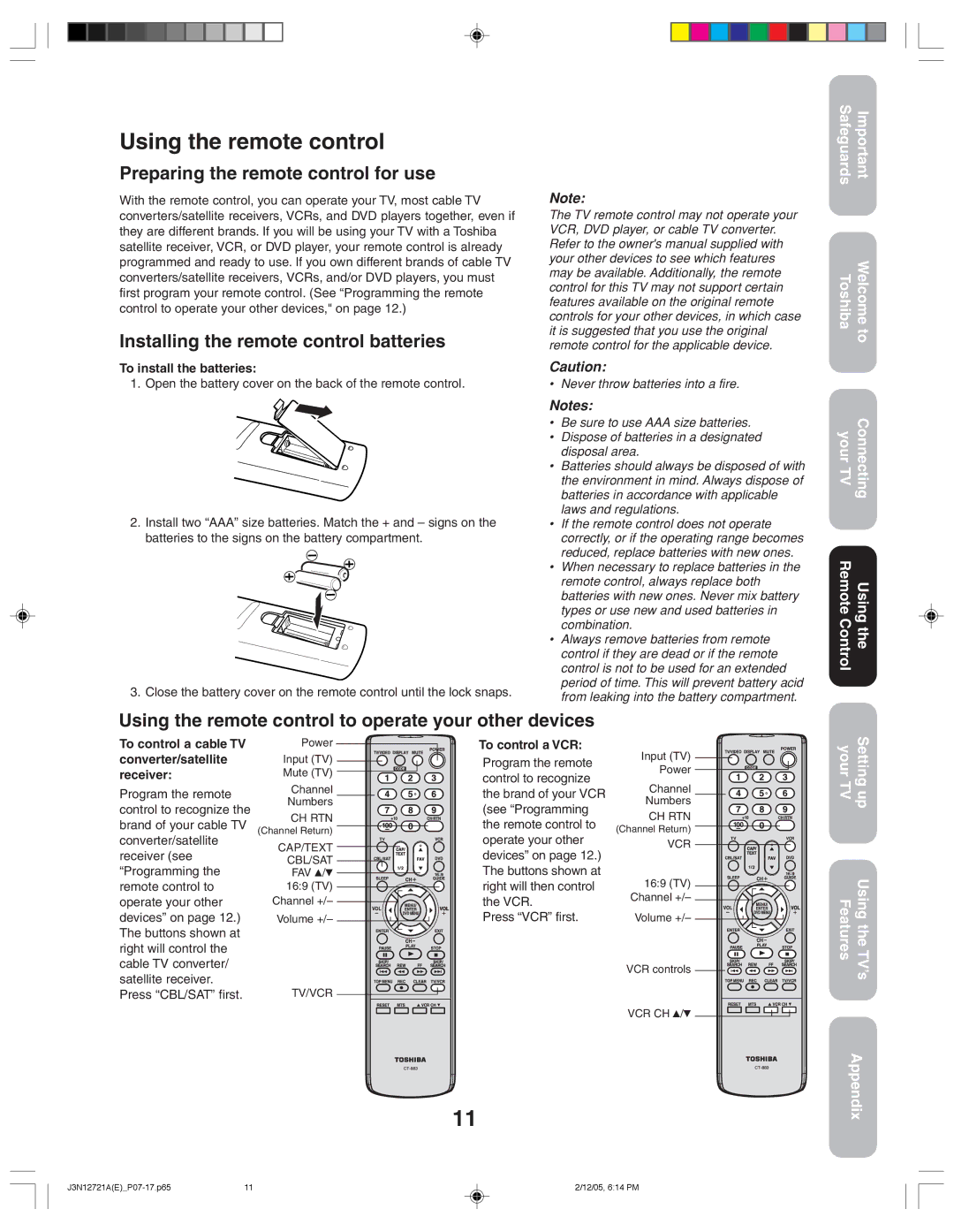 Toshiba 27AFX56 Using the remote control, Preparing the remote control for use, Installing the remote control batteries 