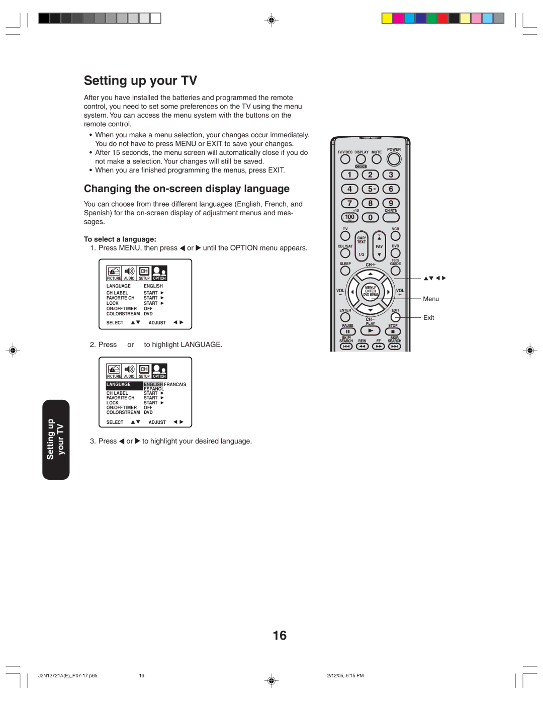 Toshiba 27AFX56 appendix Setting up your TV, Changing the on-screen display language, To select a language, Press 