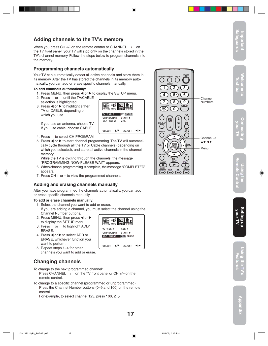 Toshiba 27AFX56 appendix Adding channels to the TV’s memory, Changing channels, Programming channels automatically 