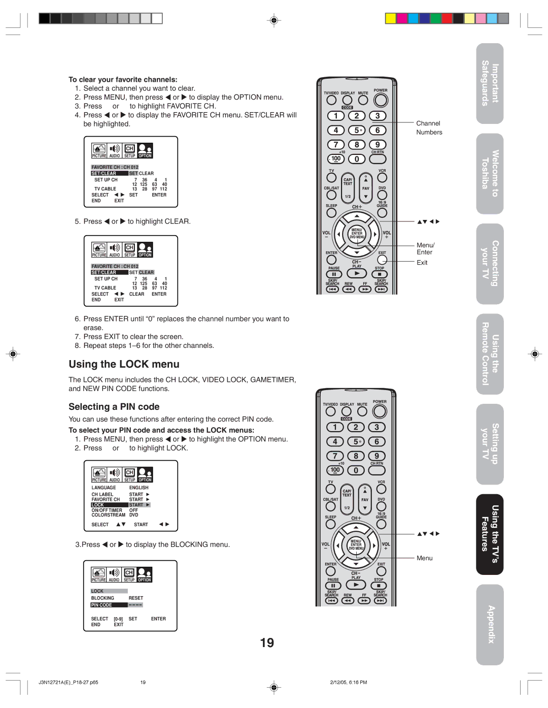 Toshiba 27AFX56 appendix Using the Lock menu, Selecting a PIN code, To clear your favorite channels 