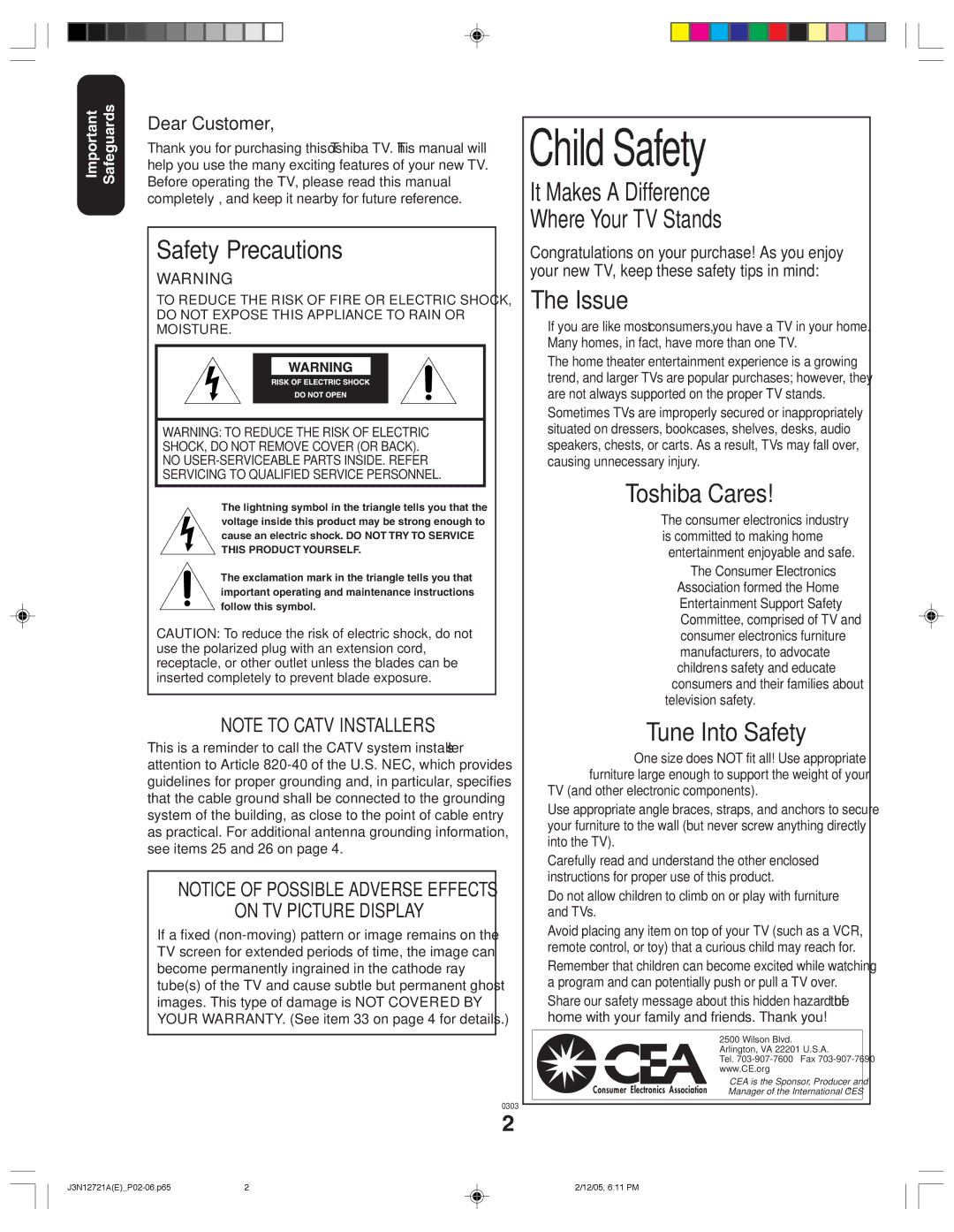 Toshiba 27AFX56 appendix Dear Customer, Safeguards 