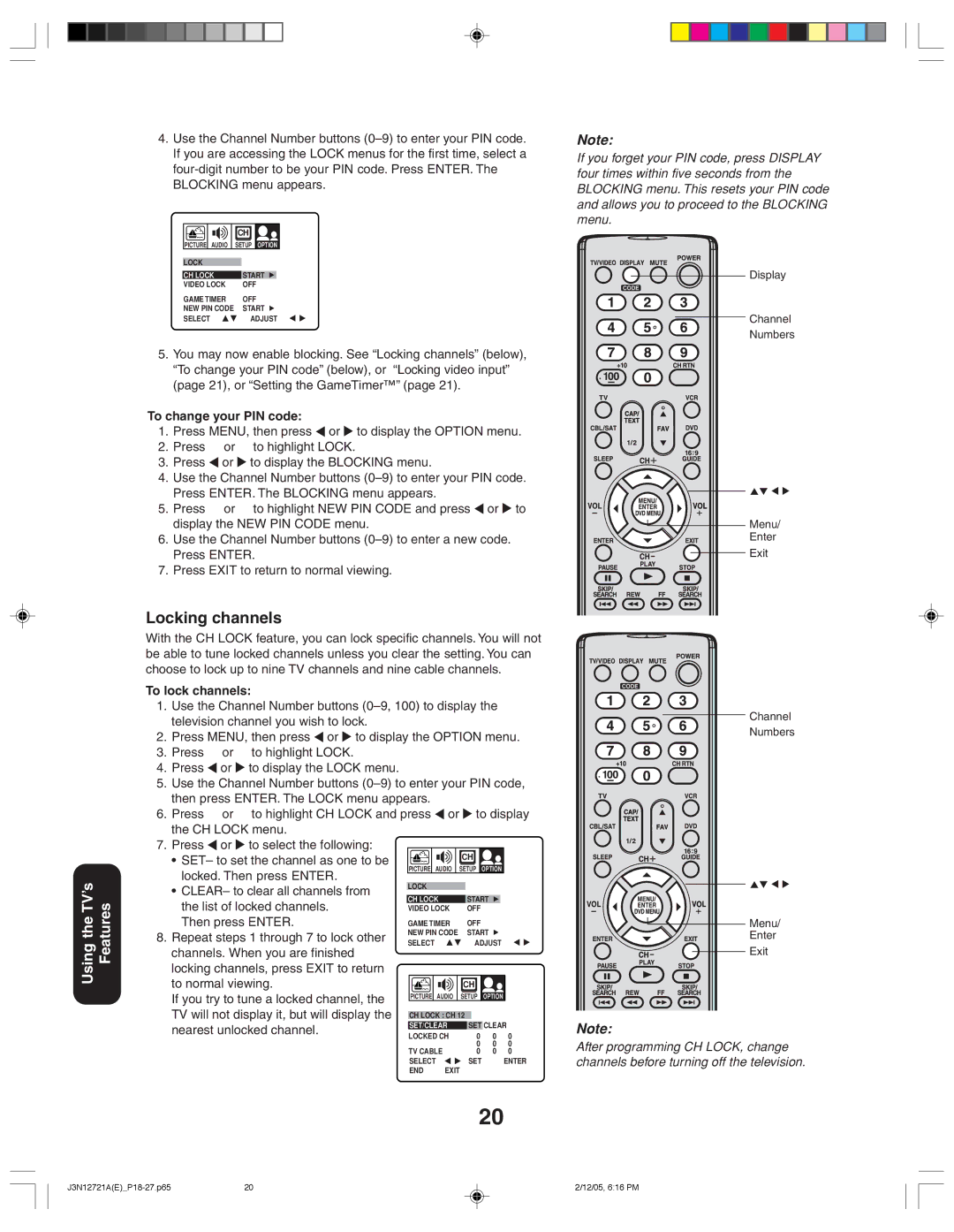 Toshiba 27AFX56 appendix Locking channels, Using the TV’s Features 