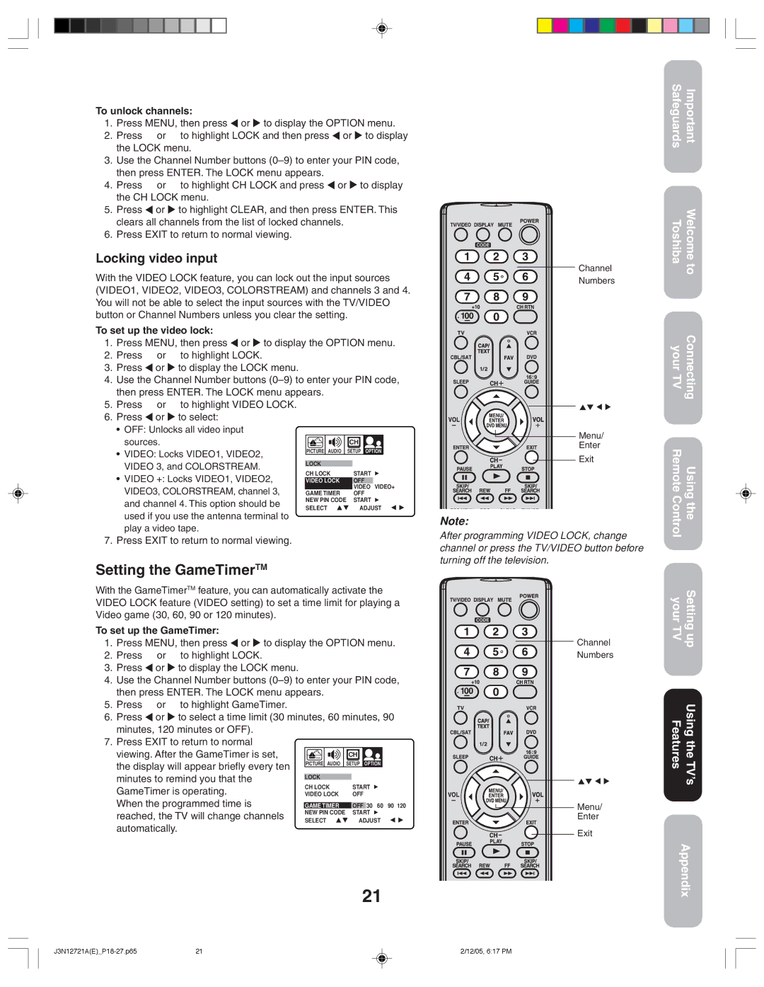 Toshiba 27AFX56 appendix Setting the GameTimerTM, Locking video input, Safeguards Toshiba Your TV Welcome to Connecting 