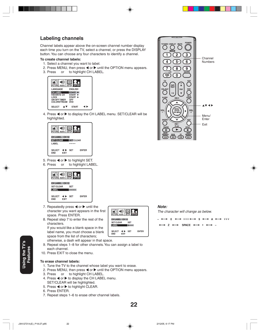 Toshiba 27AFX56 appendix Labeling channels 