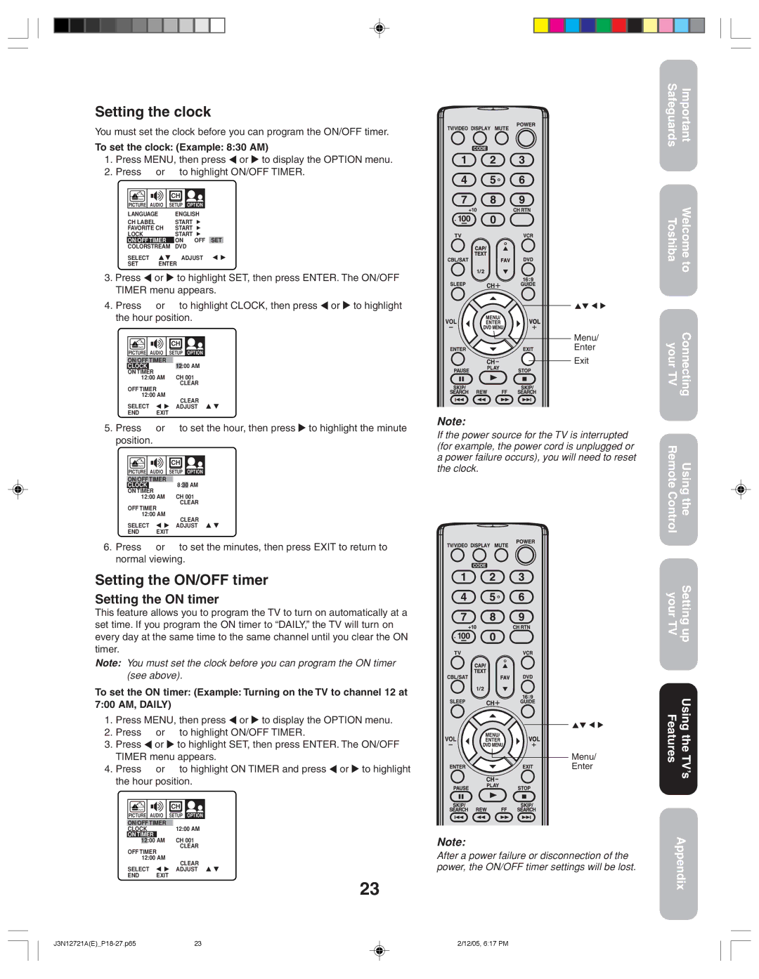 Toshiba 27AFX56 appendix Setting the clock, Setting the ON/OFF timer, Setting the on timer, To set the clock Example 830 AM 