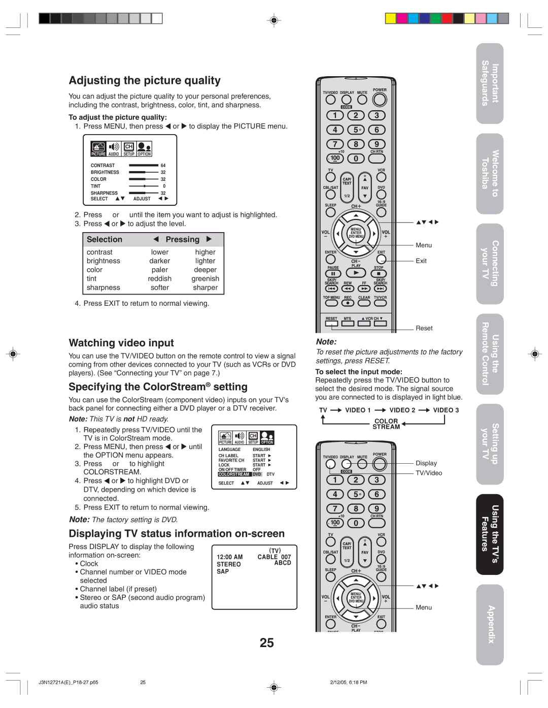 Toshiba 27AFX56 Watching video input, Specifying the ColorStream setting, Displaying TV status information on-screen 