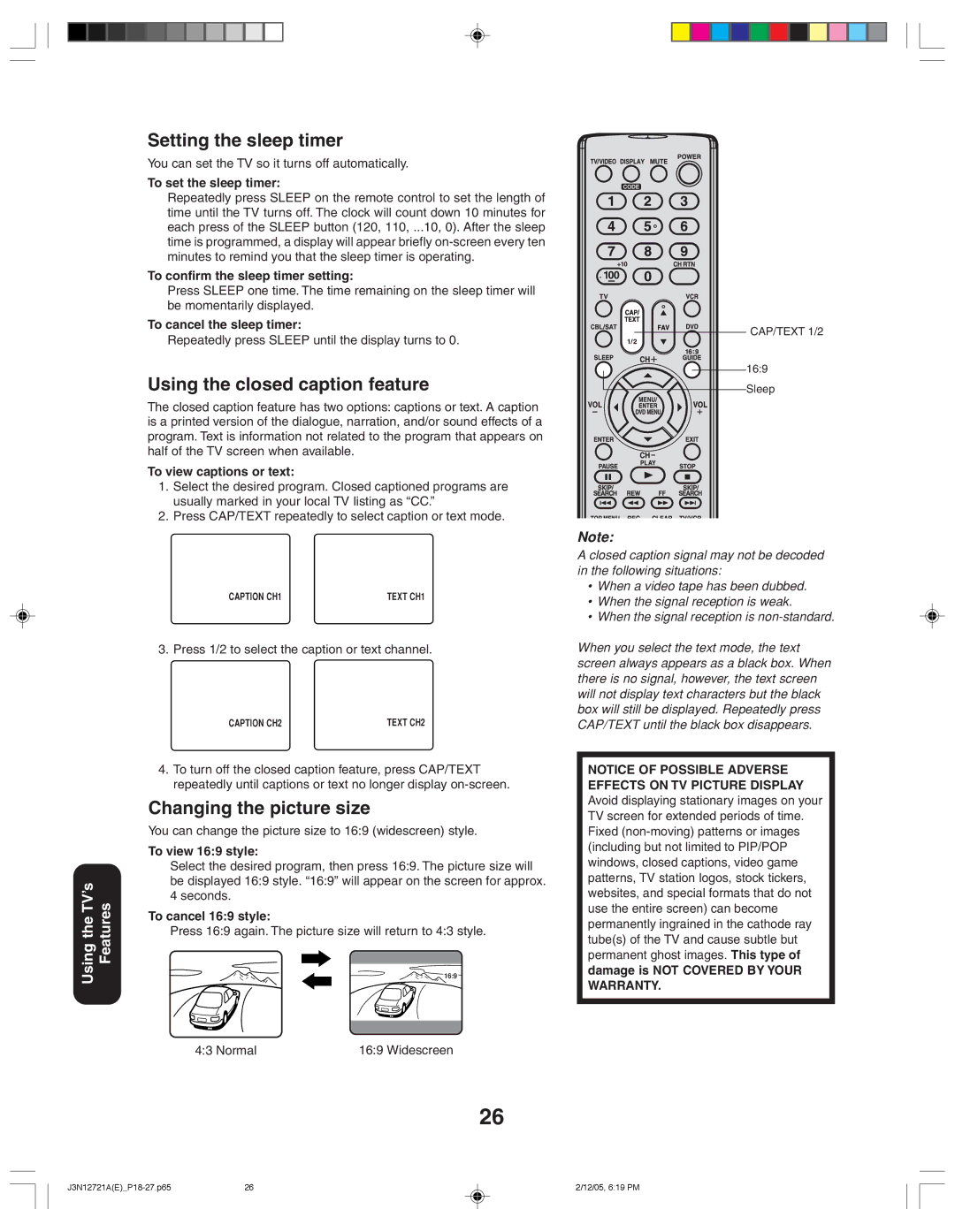 Toshiba 27AFX56 appendix Setting the sleep timer, Using the closed caption feature, Changing the picture size 