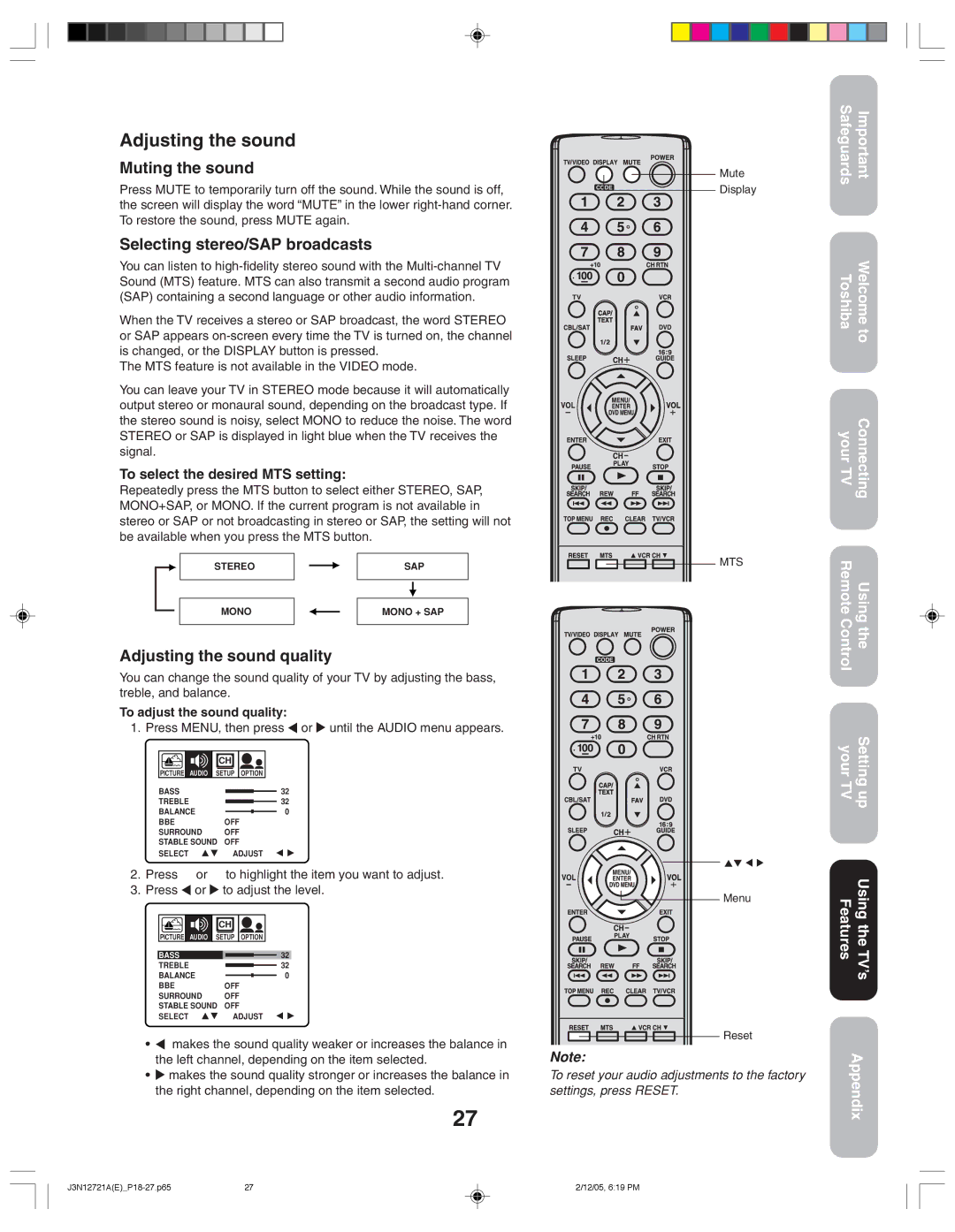 Toshiba 27AFX56 appendix Muting the sound, Selecting stereo/SAP broadcasts, Adjusting the sound quality 