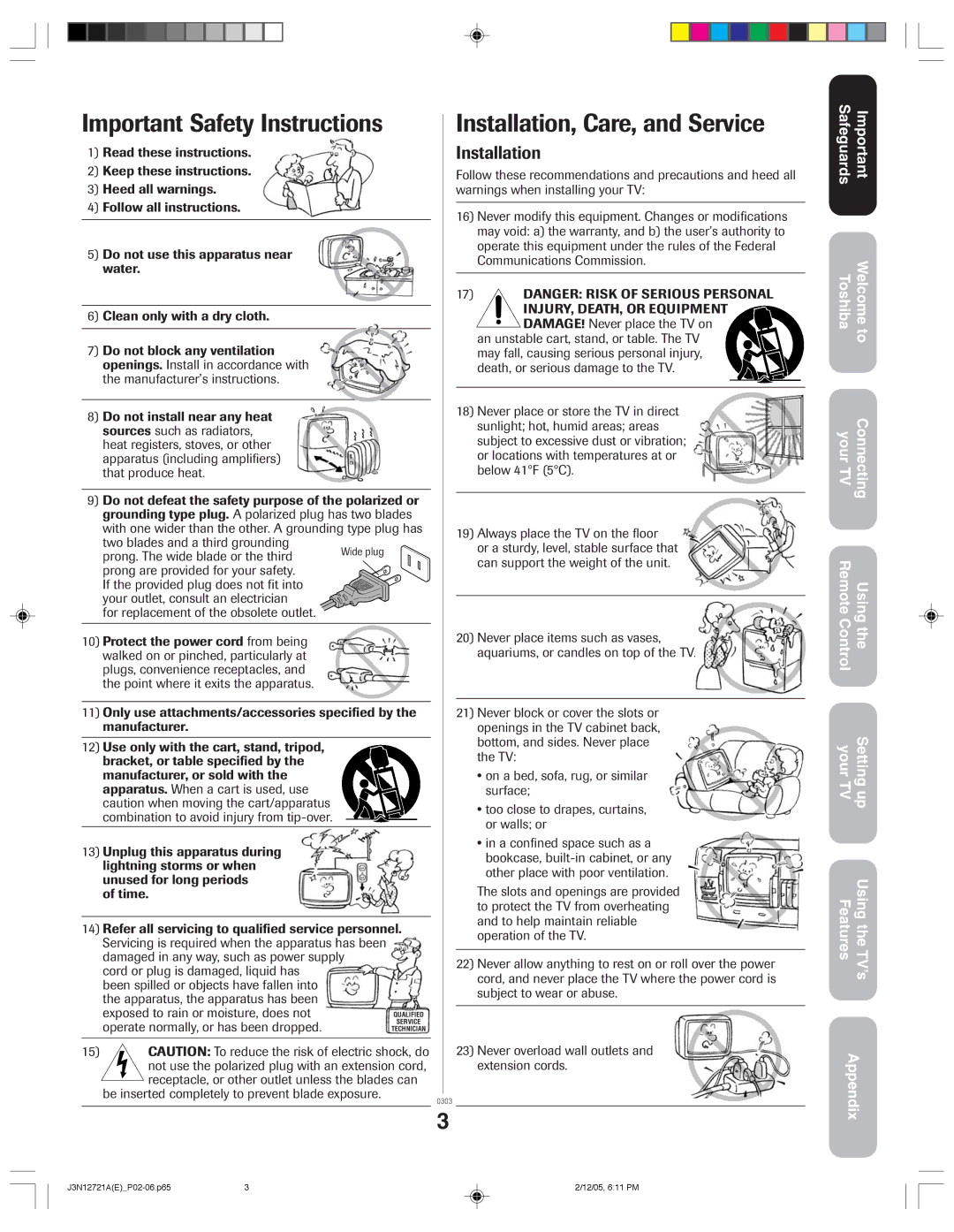 Toshiba 27AFX56 appendix Important Safety Instructions, Your TVSetting up 