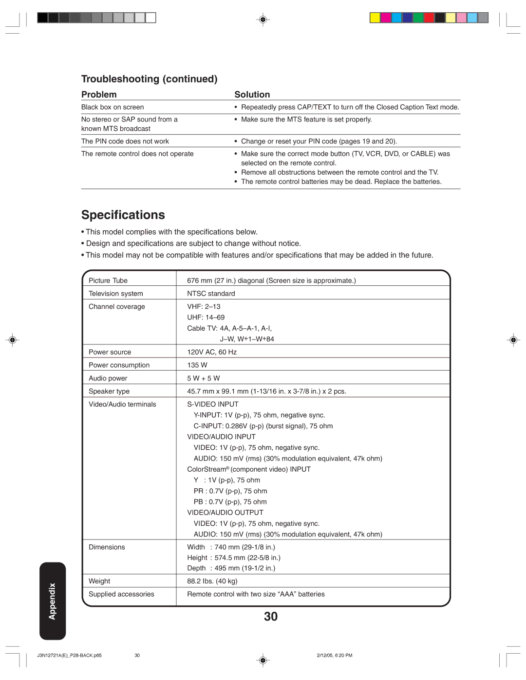 Toshiba 27AFX56 appendix Specifications 