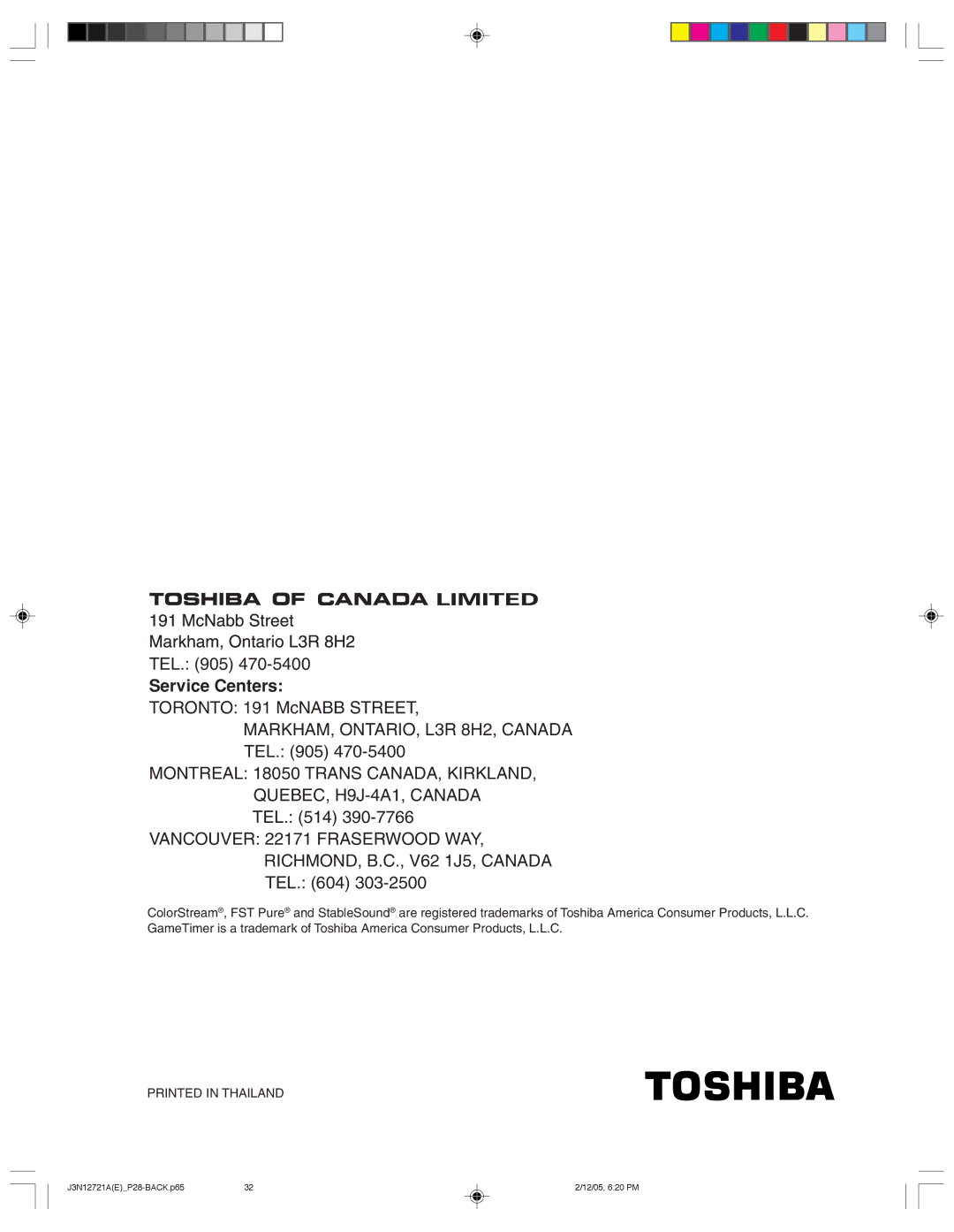 Toshiba 27AFX56 appendix Service Centers 