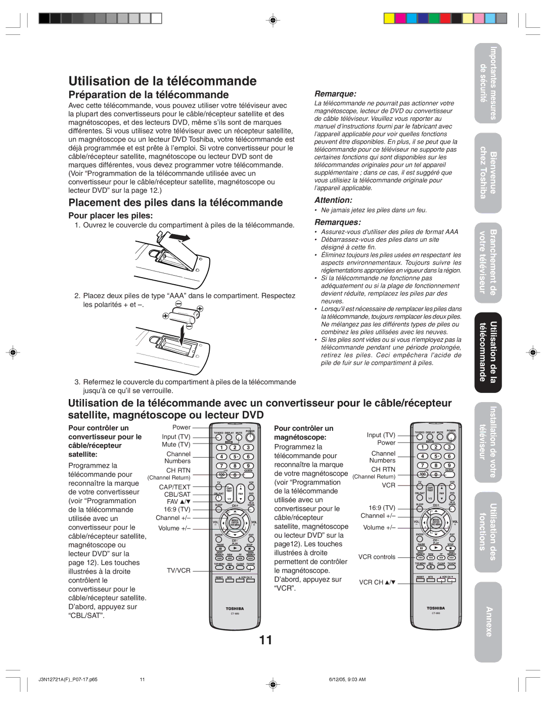 Toshiba 27AFX56 Utilisation de la télécommande, Préparation de la télécommande, Placement des piles dans la télécommande 