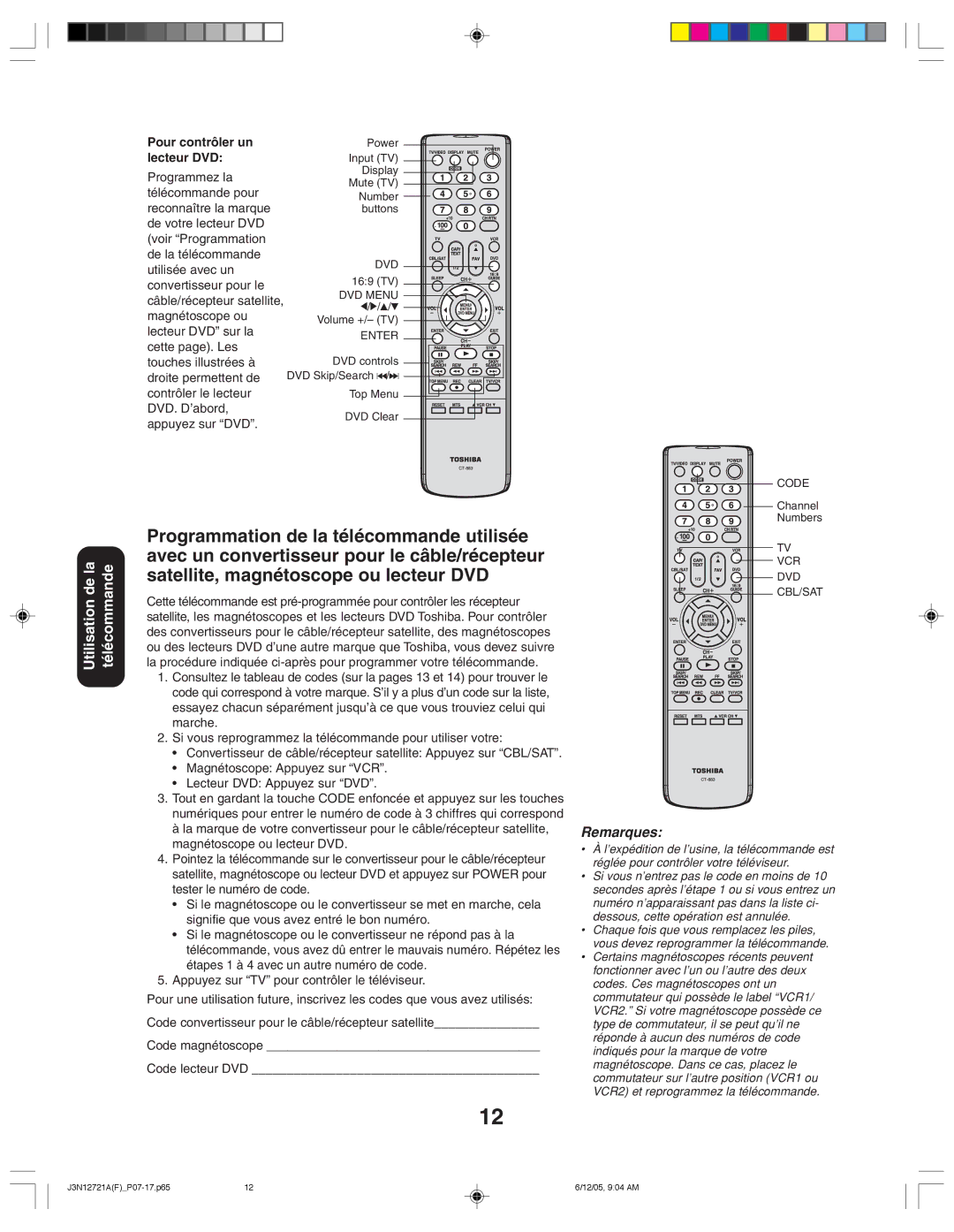 Toshiba 27AFX56 appendix Utilisation de la télécommande, Lecteur DVD 