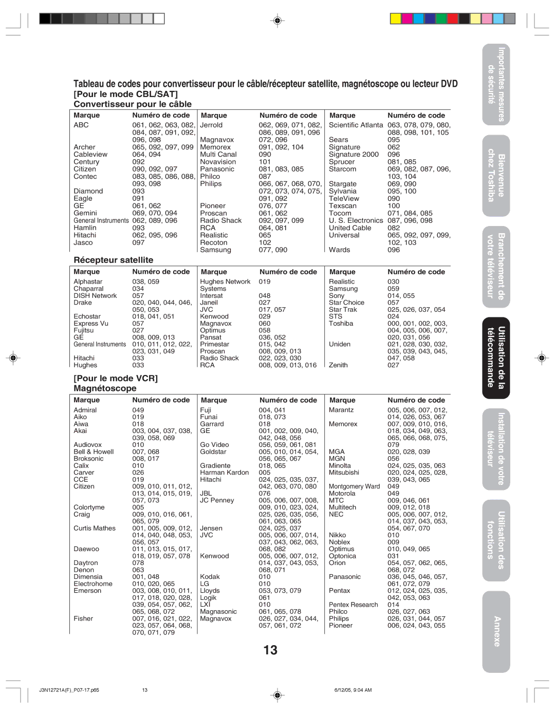 Toshiba 27AFX56 appendix Pour le mode CBL/SAT Convertisseur pour le câble, Marque Numéro de code 