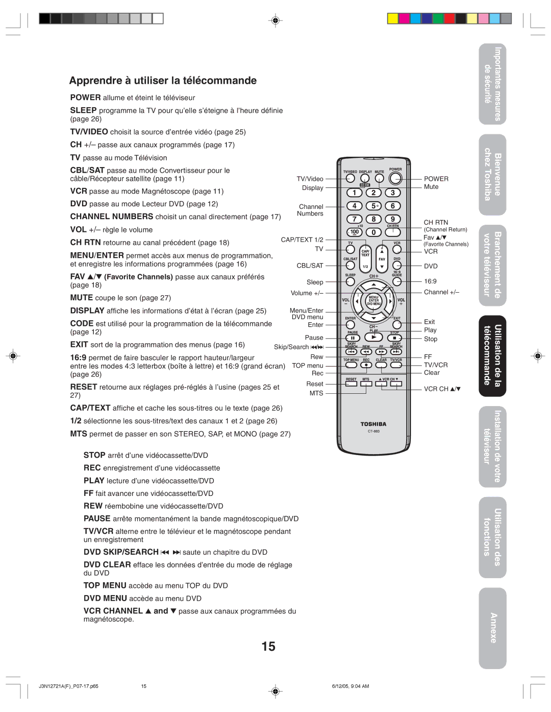 Toshiba 27AFX56 appendix Apprendre à utiliser la télécommande, Annexe 