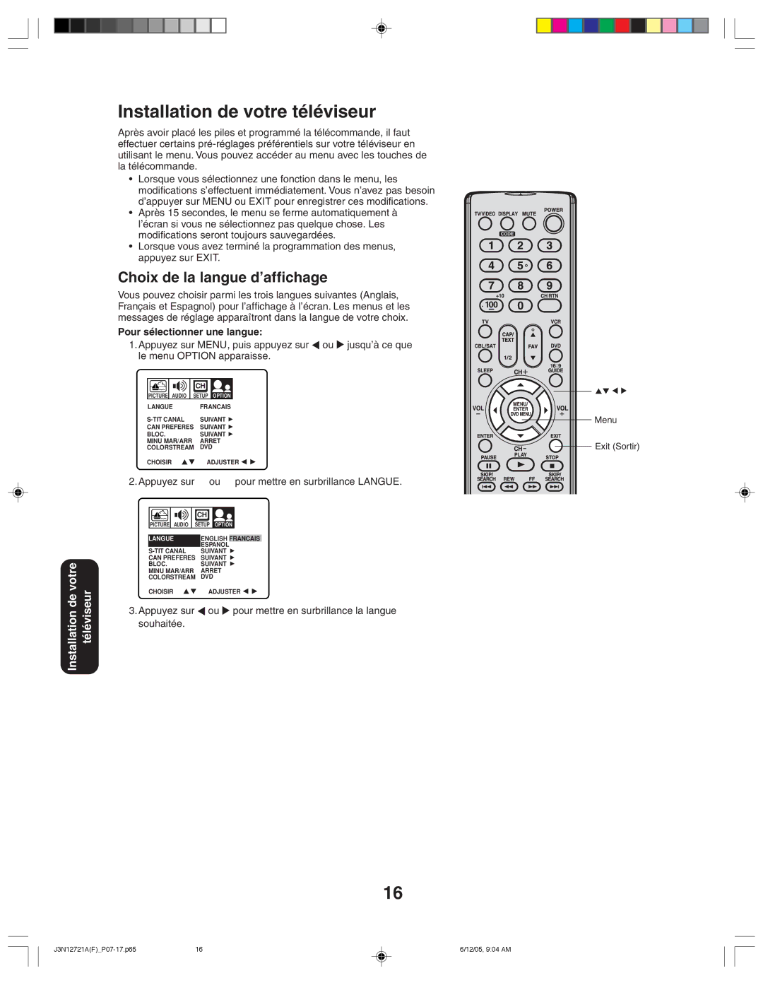 Toshiba 27AFX56 appendix Installation de votre téléviseur, Choix de la langue d’affichage, Pour sélectionner une langue 