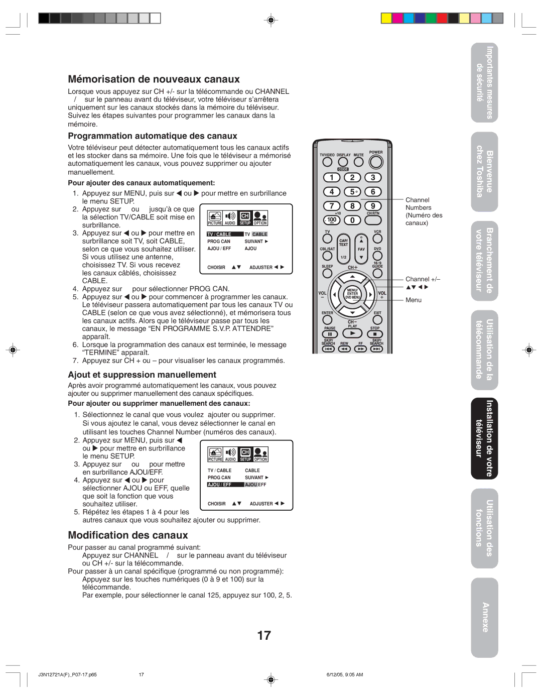 Toshiba 27AFX56 appendix Mémorisation de nouveaux canaux, Modification des canaux, Programmation automatique des canaux 