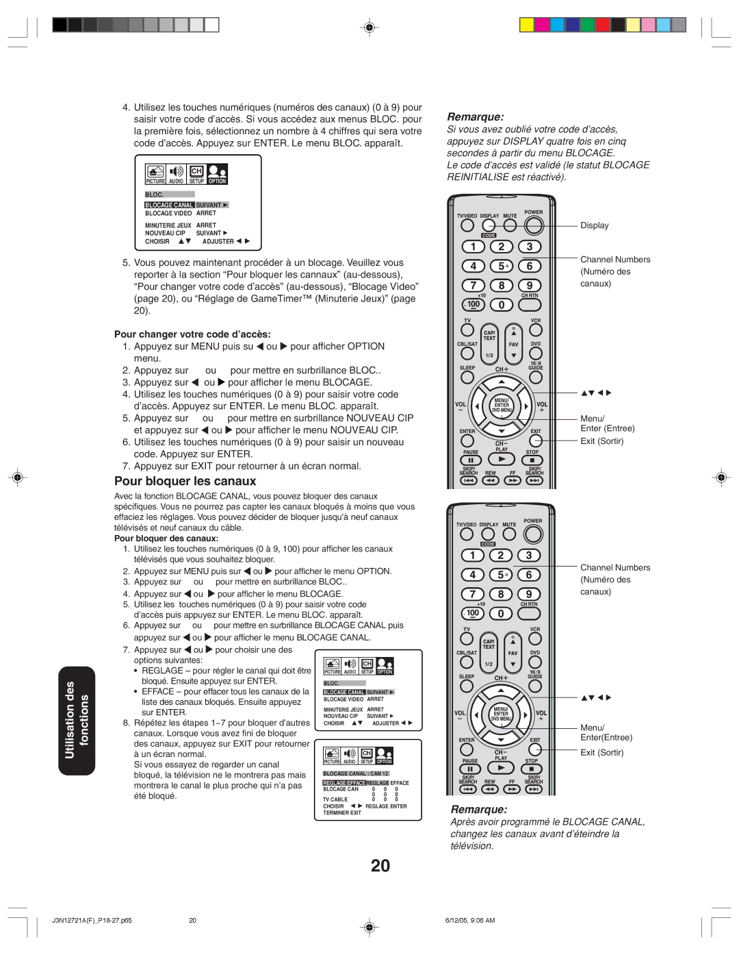 Toshiba 27AFX56 appendix Pour bloquer les canaux, Pour changer votre code d’accès, Pour bloquer des canaux 