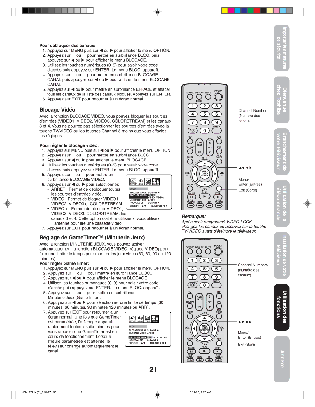 Toshiba 27AFX56 appendix Blocage Vidéo, Réglage de GameTimer Minuterie Jeux 