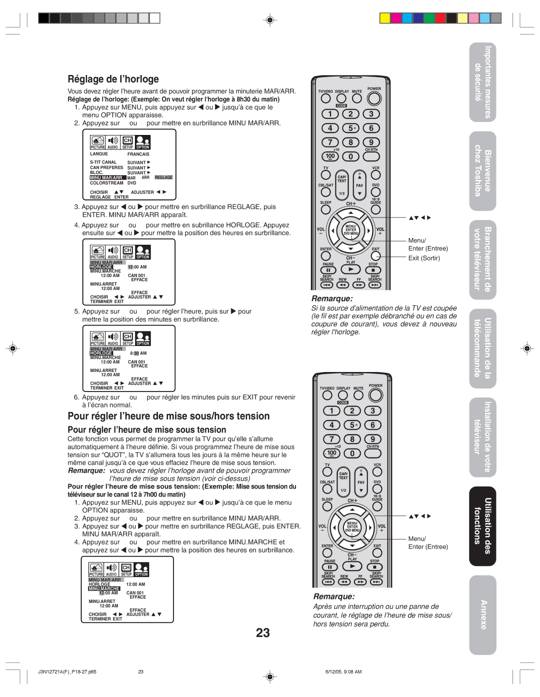 Toshiba 27AFX56 appendix Réglage de l’horloge, Pour régler l’heure de mise sous/hors tension 