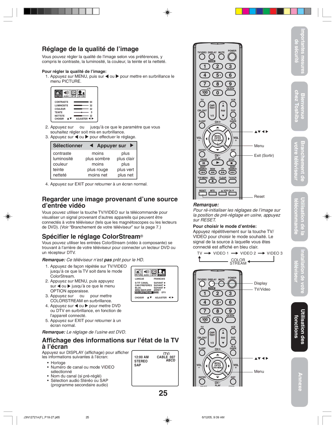 Toshiba 27AFX56 appendix Réglage de la qualité de l’image, Regarder une image provenant d’une source d’entrée vidéo, Des 