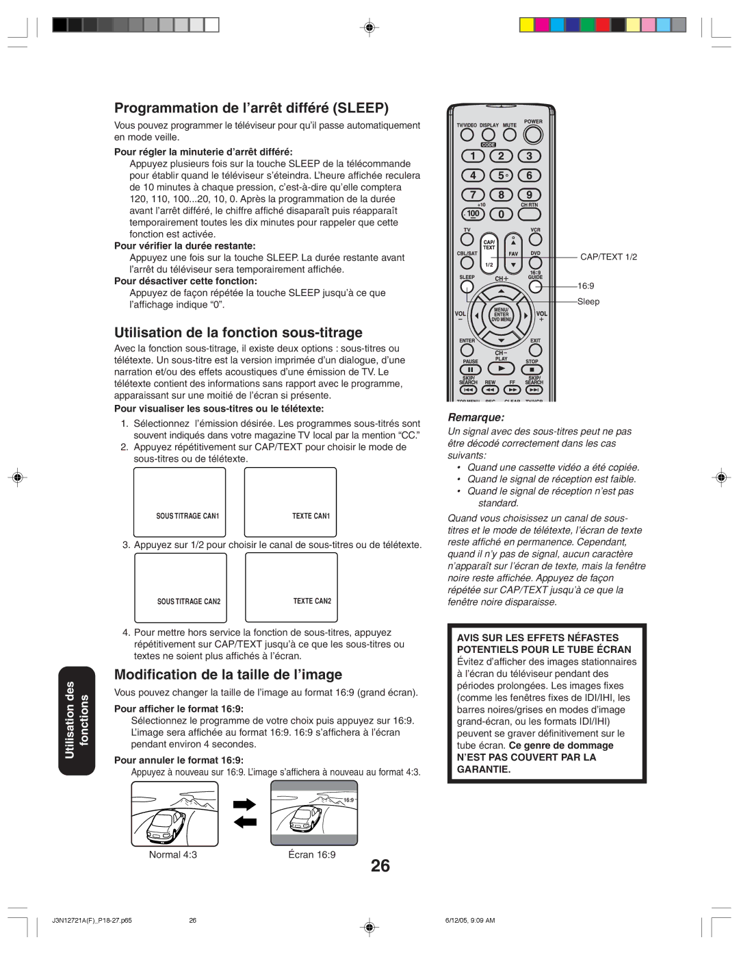 Toshiba 27AFX56 appendix Programmation de l’arrêt différé Sleep, Utilisation de la fonction sous-titrage 