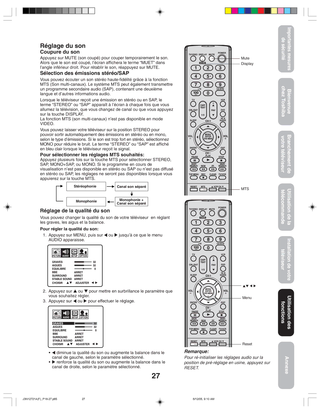 Toshiba 27AFX56 appendix Réglage du son, Coupure du son, Sélection des émissions stéréo/SAP, Réglage de la qualité du son 